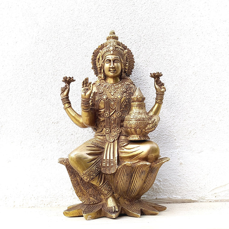 Goddess Of Wealth & Prosperity - Lakshmi Sitting On Lotus Flower. Height 30 cm x Width 18 cm