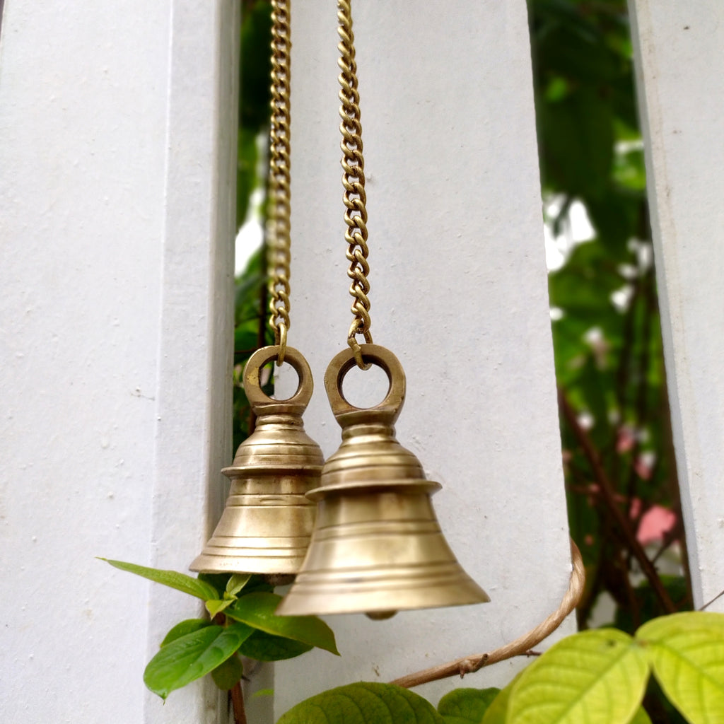 Pair of Brass Temple Bells With Chains. Length 45 cm x Dia 7 cm