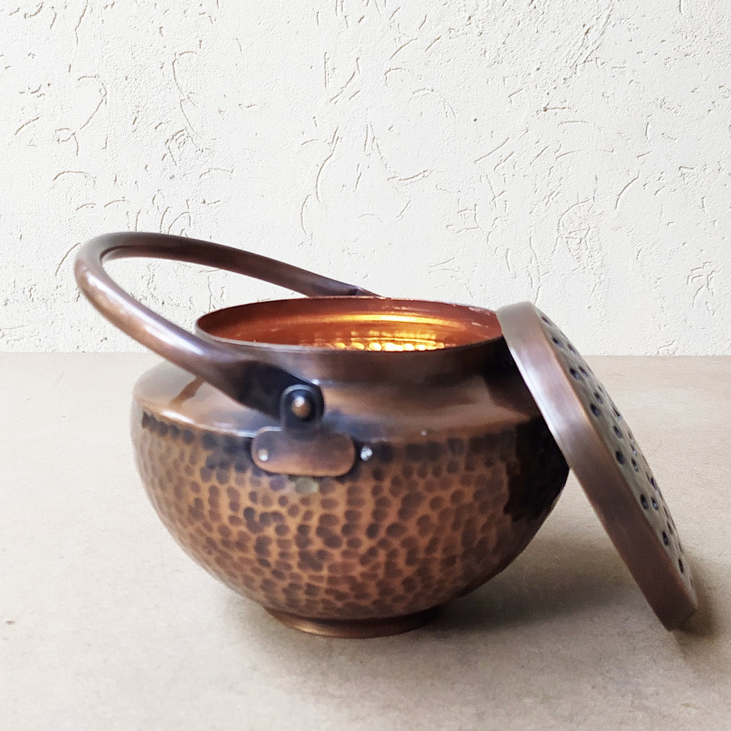 Tibetan Copper Incense Burner With Handle And Hammered  Finish - Ht 20 cm x Dia 15 cm