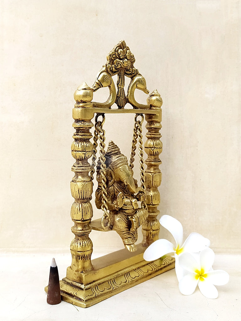 Hindu Deity Ganesha On Brass Jhoola | Swing- Height 23 cm x Width 14 cm x Depth 5 cm