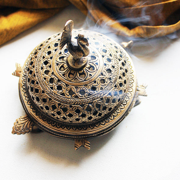 Handcrafted Brass Peacock Incense Burner On a 3 legged Tortoise Stand