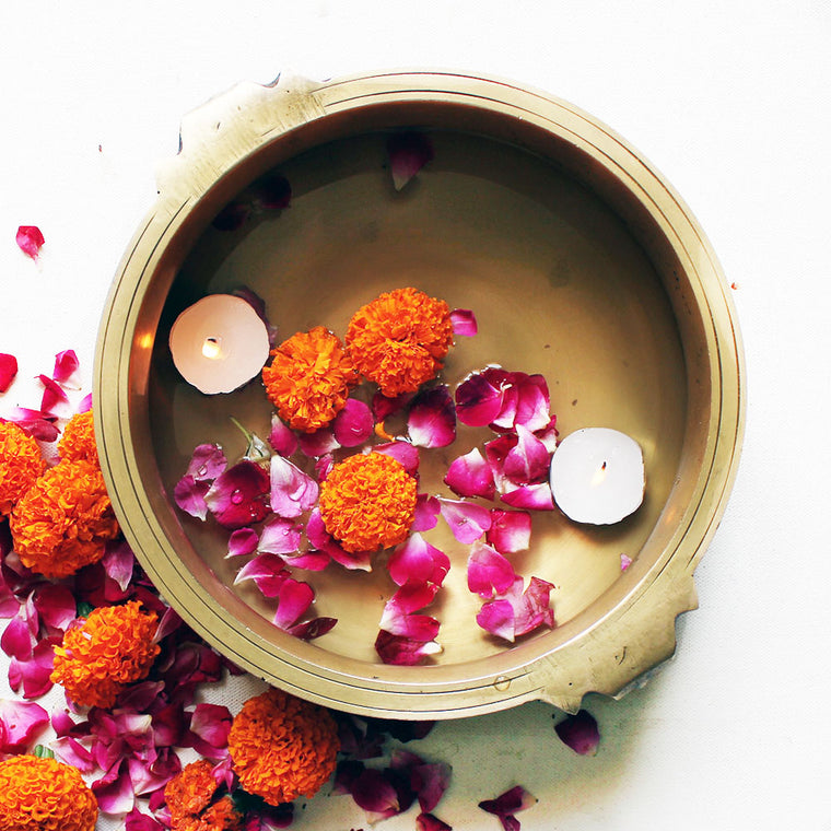 Traditional Brass Urli For Floating Flowers & Candles | Diyas - Diameter 24 cm x Height 8 cm - theindianweave