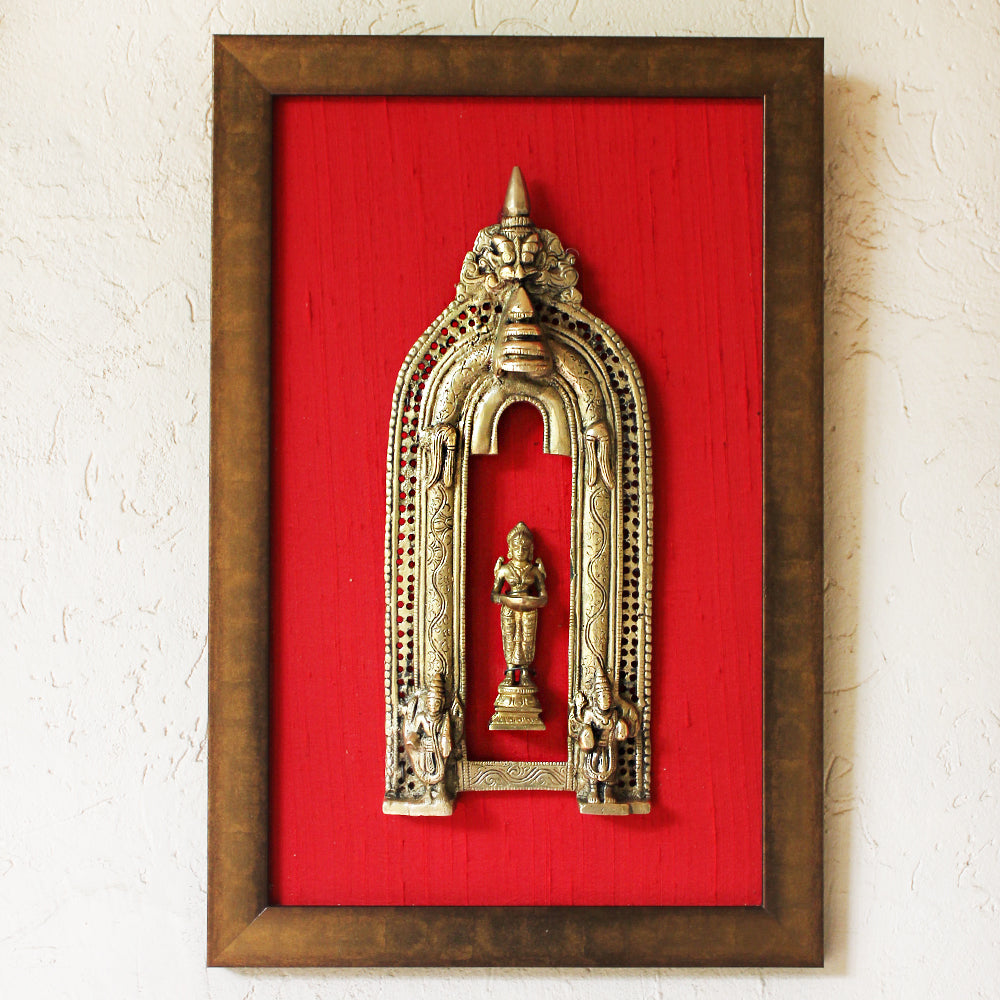 Brass Temple Prabhavali With Deep Lakshmi Framed On Red Raw Silk In Brown Frame. Ht 45 cm x W 35 cm