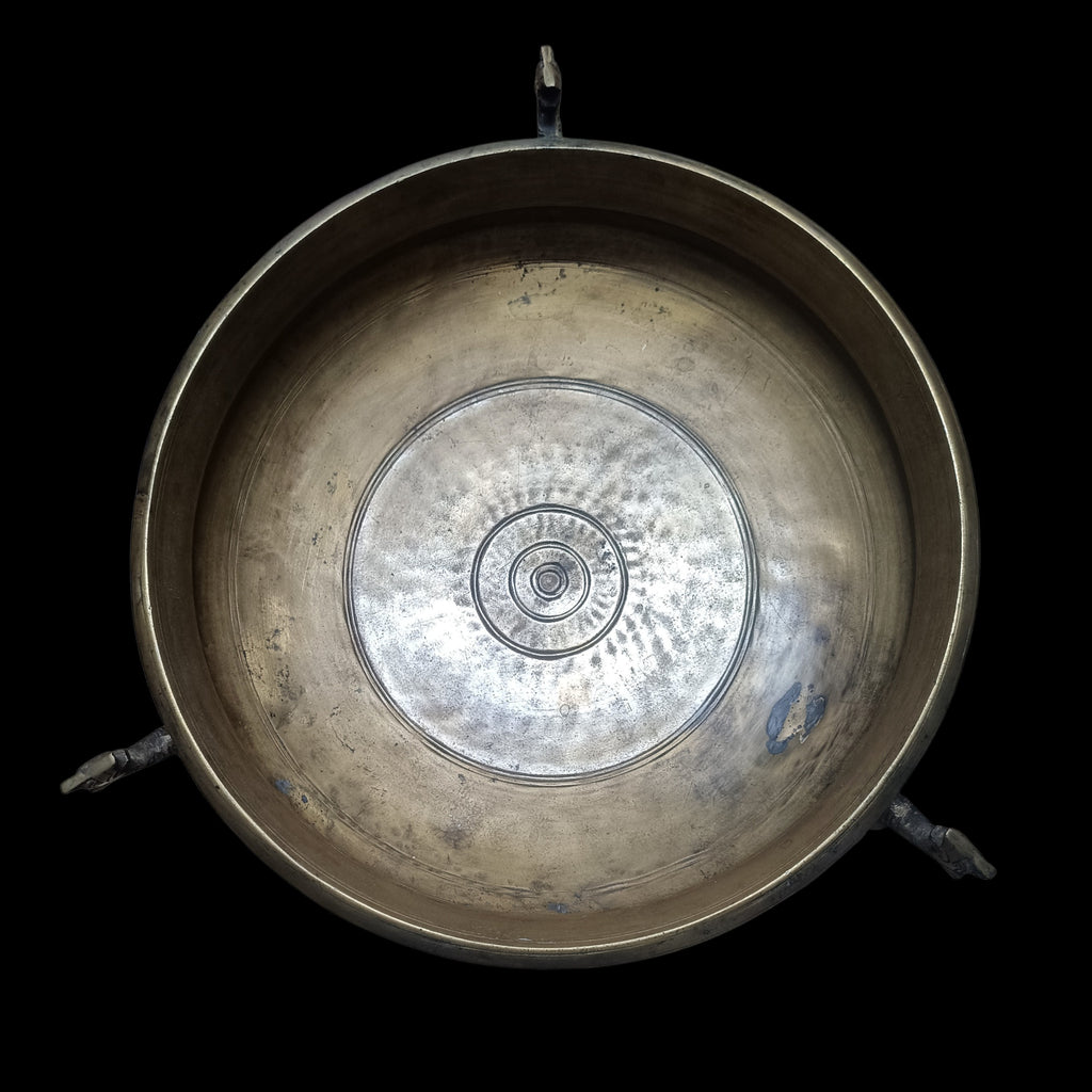 Vintage Brass Urli Handcrafted With 3 Mythical Yali Legs. Diameter 40 cm x Height 16 cm