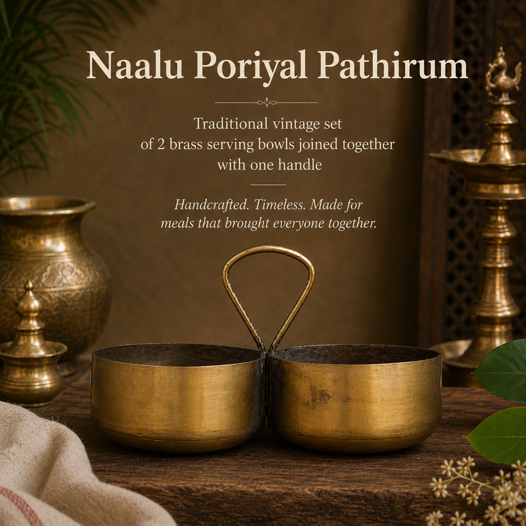 Naalu Poriyal Pathirum - Traditional 2 In 1 Large Brass Serving Vessel With Handle. Height 20 cm x Diameter 16 cm