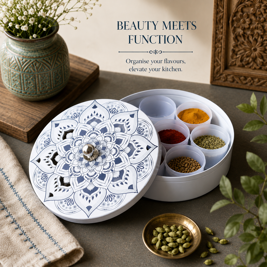 Exquisite Condiment | Spice Box With 7 Containers & Black On White Floral Design. Diameter 21 cm