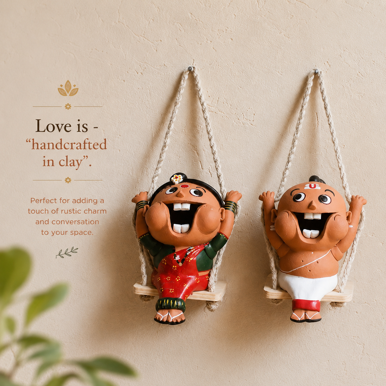 Captivating Terracotta Fun Figures Of Indian Priest & His Wife On Swings - Ht 35 cm x W 13 cm x D 15 cm