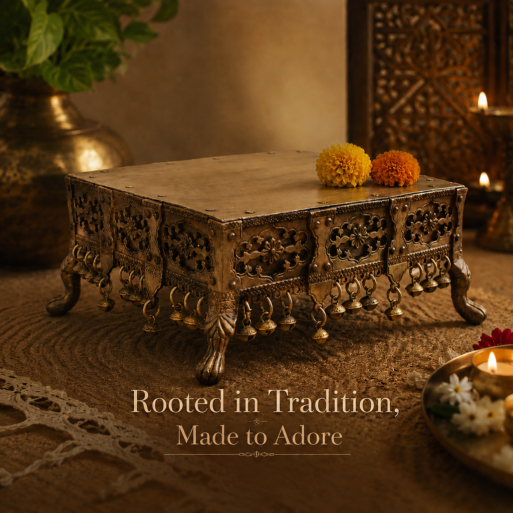 Vintage Brass Square Chowki Handcrafted With A Floral Design & Ghungroos - L 28 cm x  W 28 cm x Ht 14 cm