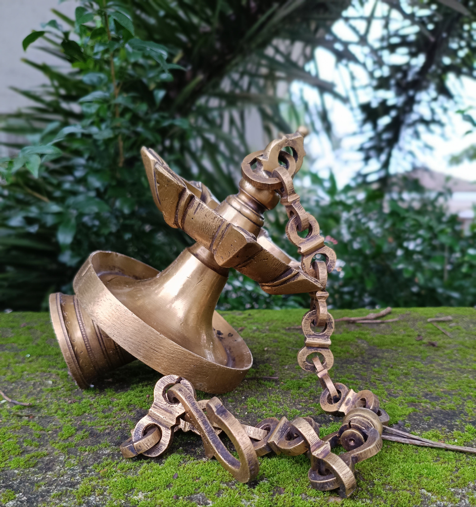 Vintage Brass Lamp With Bell - "Thooku Vilakku" From South India. Length 78 cm x Diameter 13 cm