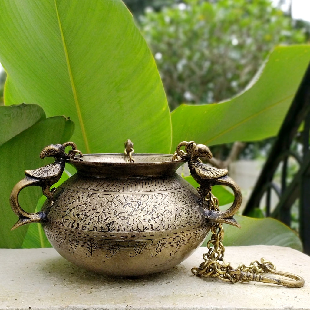 Vintage Hanging Brass Planter With 3 Peacock Handles & Chains. Length With Chain 69 cm x Dia 16 cm