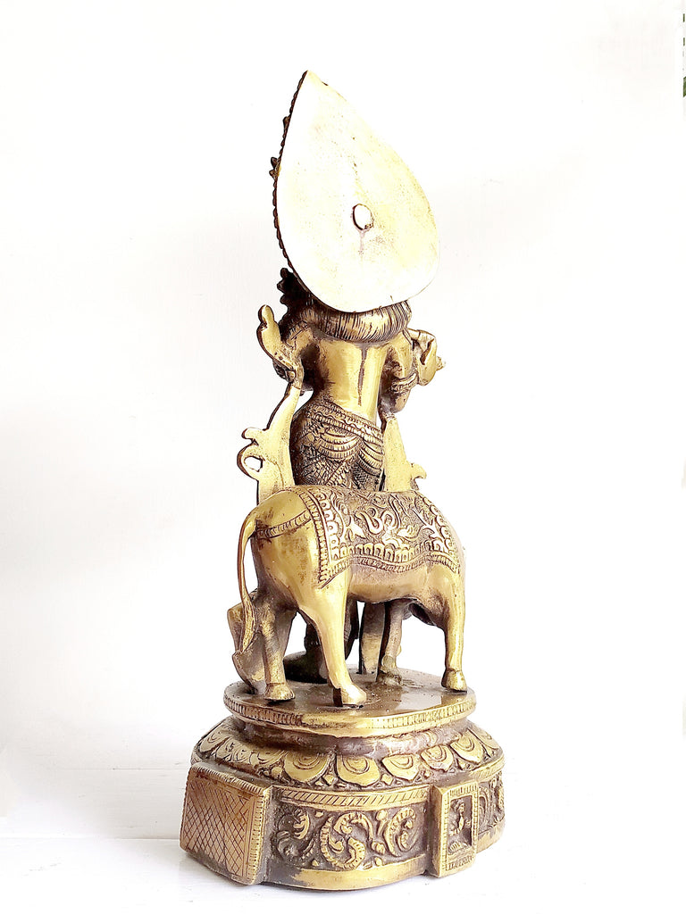 Divine Brass Sculpture of Hindu Diety Lord Krishna With The Sacred Cow - Ht 36 cm
