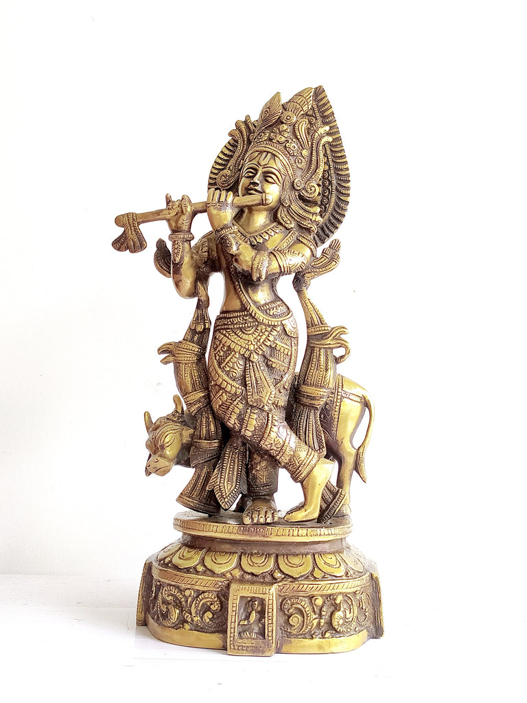 Divine Brass Sculpture of Hindu Diety Lord Krishna With The Sacred Cow - Ht 36 cm