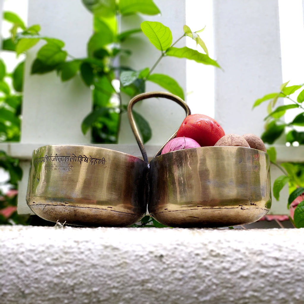 Naalu Poriyal Pathirum - Traditional 2 In 1 Large Brass Serving Vessel With Handle. Height 20 cm x Diameter 16 cm