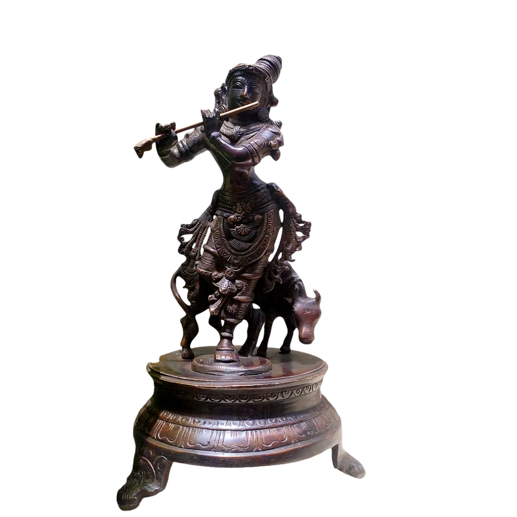 Brass Sculpture of Lord Krishna With The Sacred Cow In A Rich Dark Brown Patina - Ht 25 cm