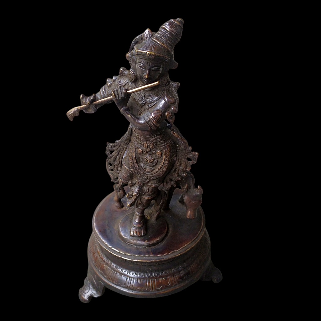 Brass Sculpture of Lord Krishna With The Sacred Cow In A Rich Dark Brown Patina - Ht 25 cm