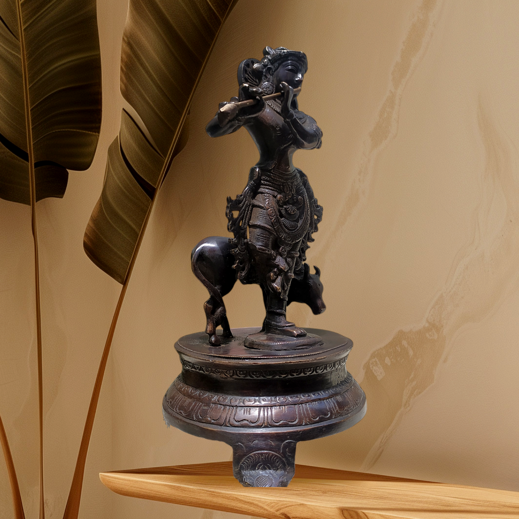 Brass Sculpture of Lord Krishna With The Sacred Cow In A Rich Dark Brown Patina - Ht 25 cm