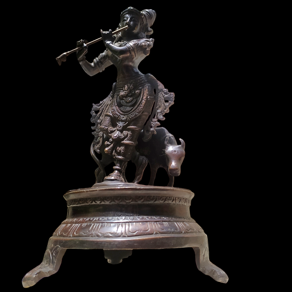 Brass Sculpture of Lord Krishna With The Sacred Cow In A Rich Dark Brown Patina - Ht 25 cm