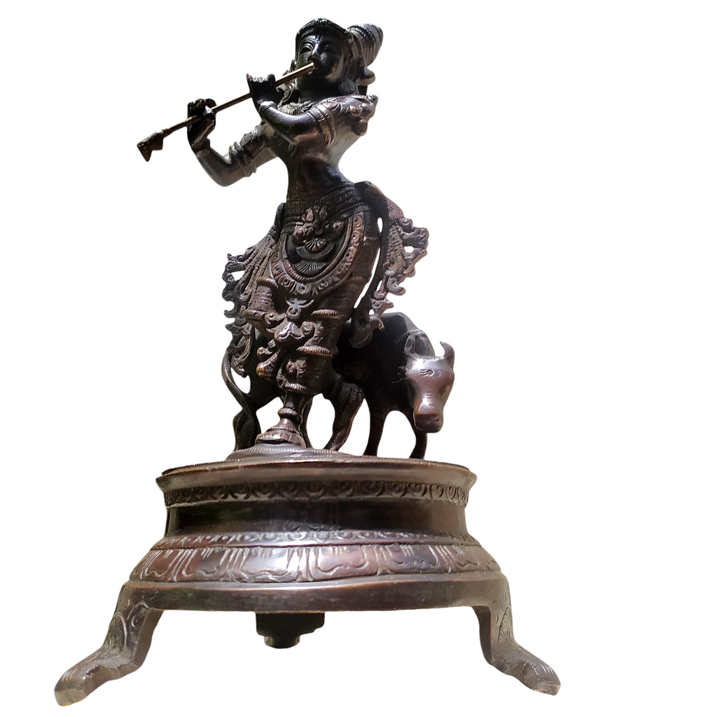 Brass Sculpture of Lord Krishna With The Sacred Cow In A Rich Dark Brown Patina - Ht 25 cm