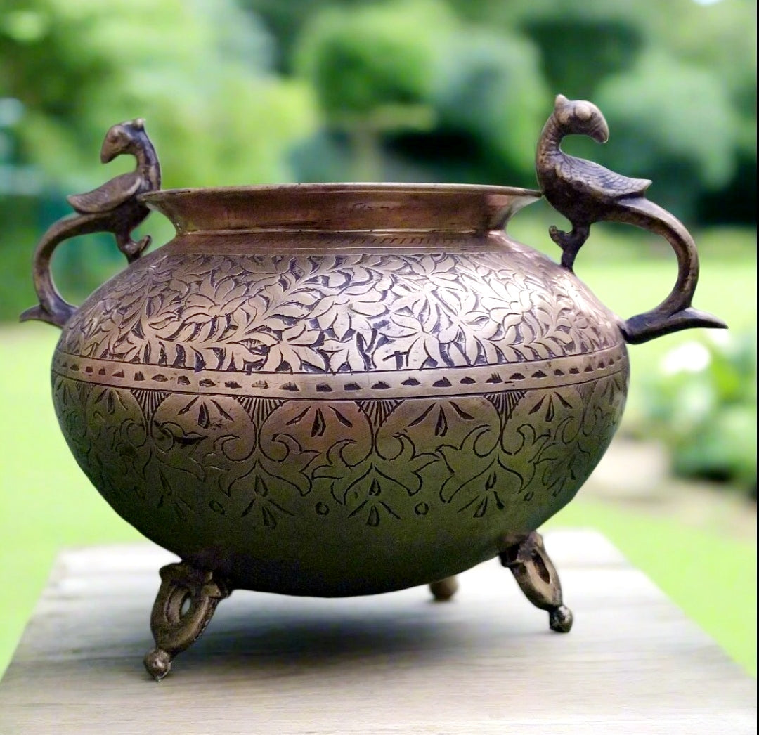 Vintage Brass Planter With Peacock Handles Hand Engraved With Floral Motifs. Height 22 cm x Diameter 17 cm