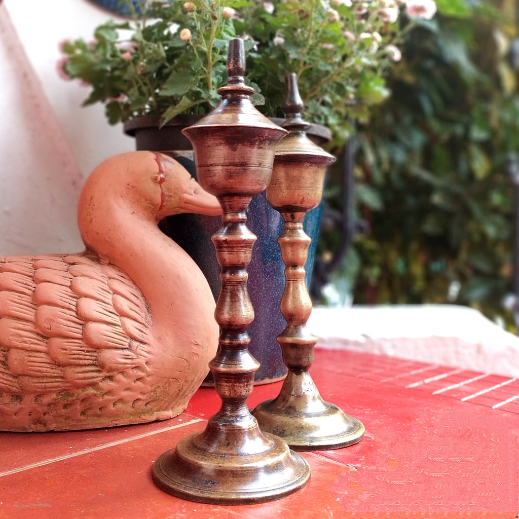 Vintage Pair Of Brass Oil & Wick Lamps. Height 24 cm x Diameter 9 cm