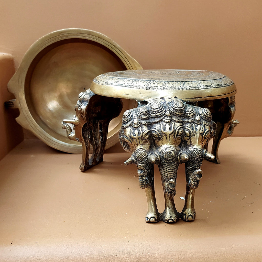 Brass Chowki With Elephant Legs & Brass Urli - Chowki Diameter 23 cm | Urli 25 cm