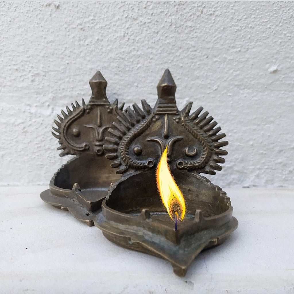 Traditional Pair of Brass Vishnu Oil Lamps from South India. Height 10 x Width 9 cm