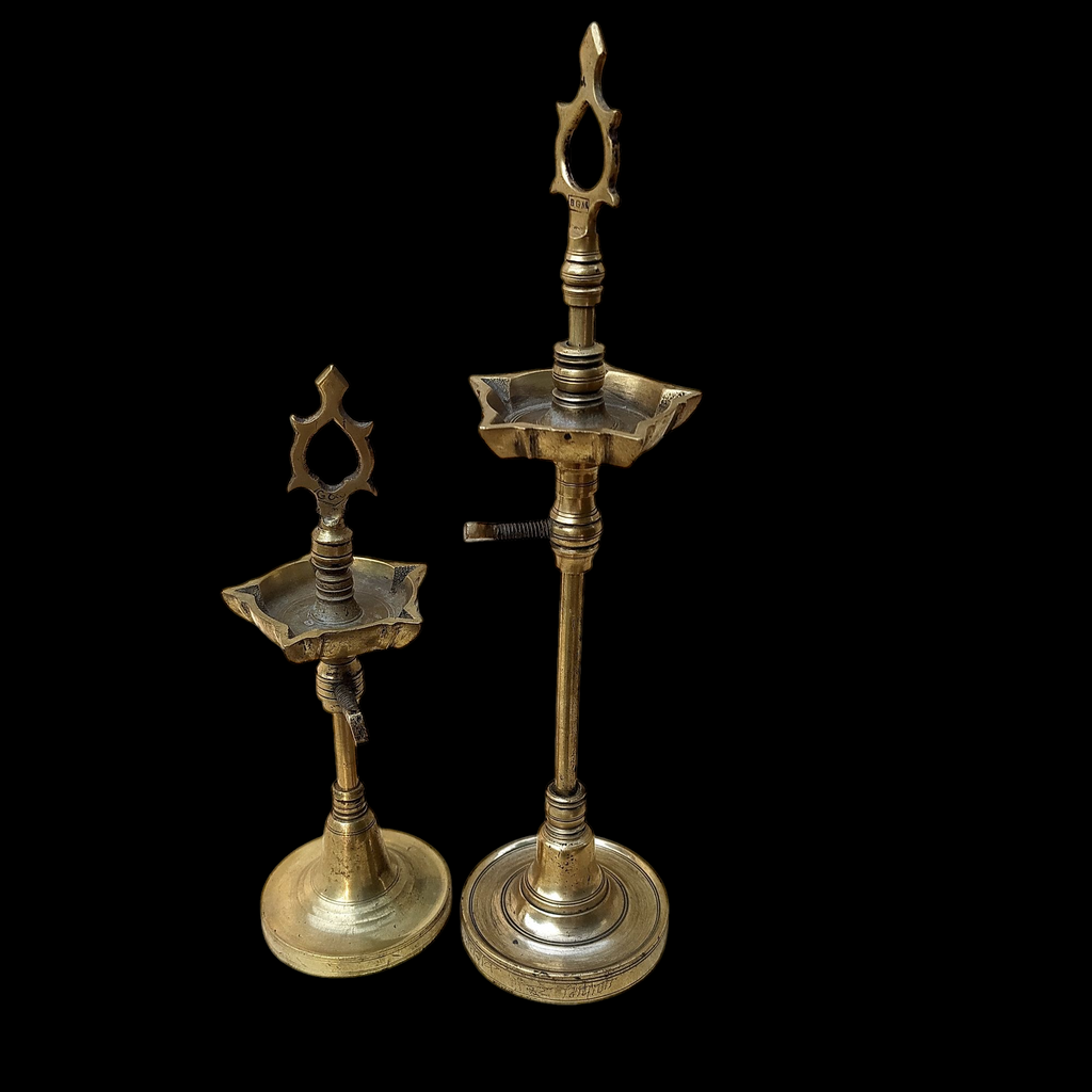 Pair Of Vintage Brass Chaavi Vilakkus | Oil Lamps. Height 33 & 23 cm