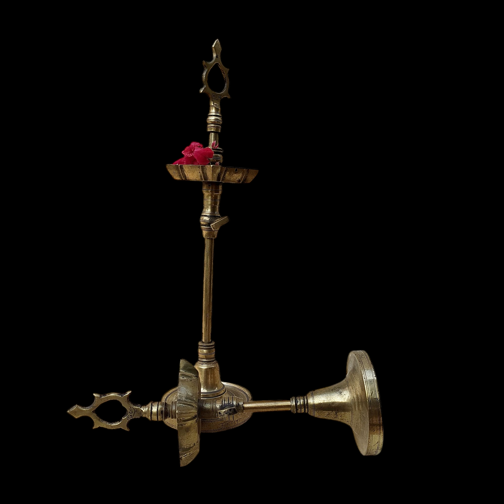 Pair Of Vintage Brass Chaavi Vilakkus | Oil Lamps. Height 33 & 23 cm
