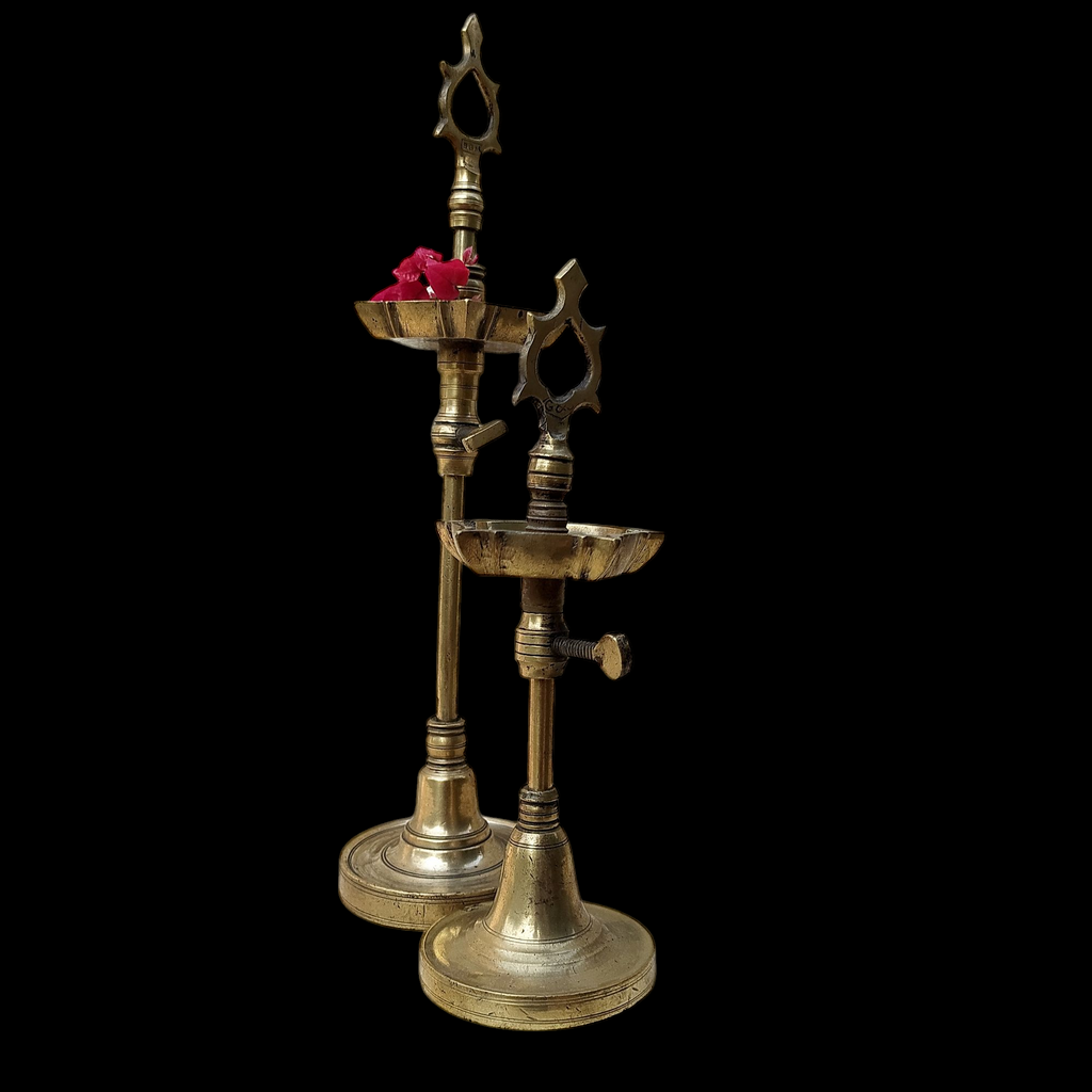 Pair Of Vintage Brass Chaavi Vilakkus | Oil Lamps. Height 33 & 23 cm