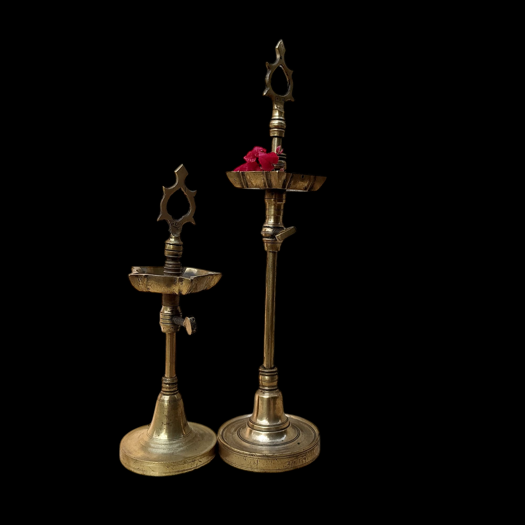 Pair Of Vintage Brass Chaavi Vilakkus | Oil Lamps. Height 33 & 23 cm