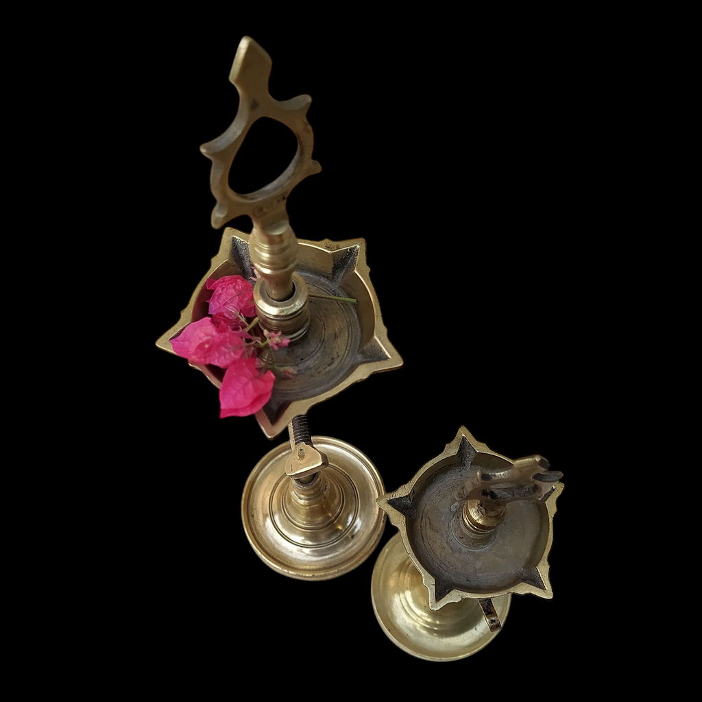 Pair Of Vintage Brass Chaavi Vilakkus | Oil Lamps. Height 33 & 23 cm