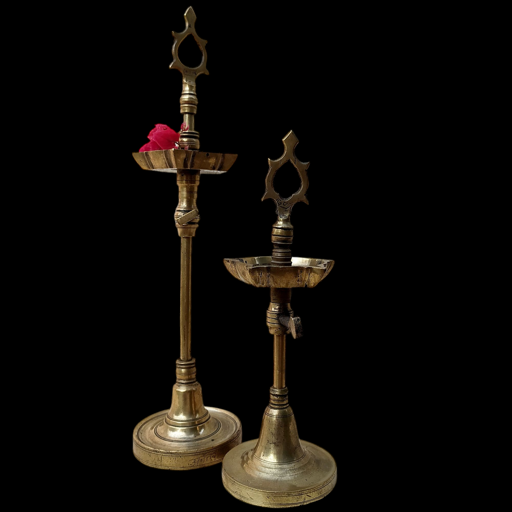 Pair Of Vintage Brass Chaavi Vilakkus | Oil Lamps. Height 33 & 23 cm