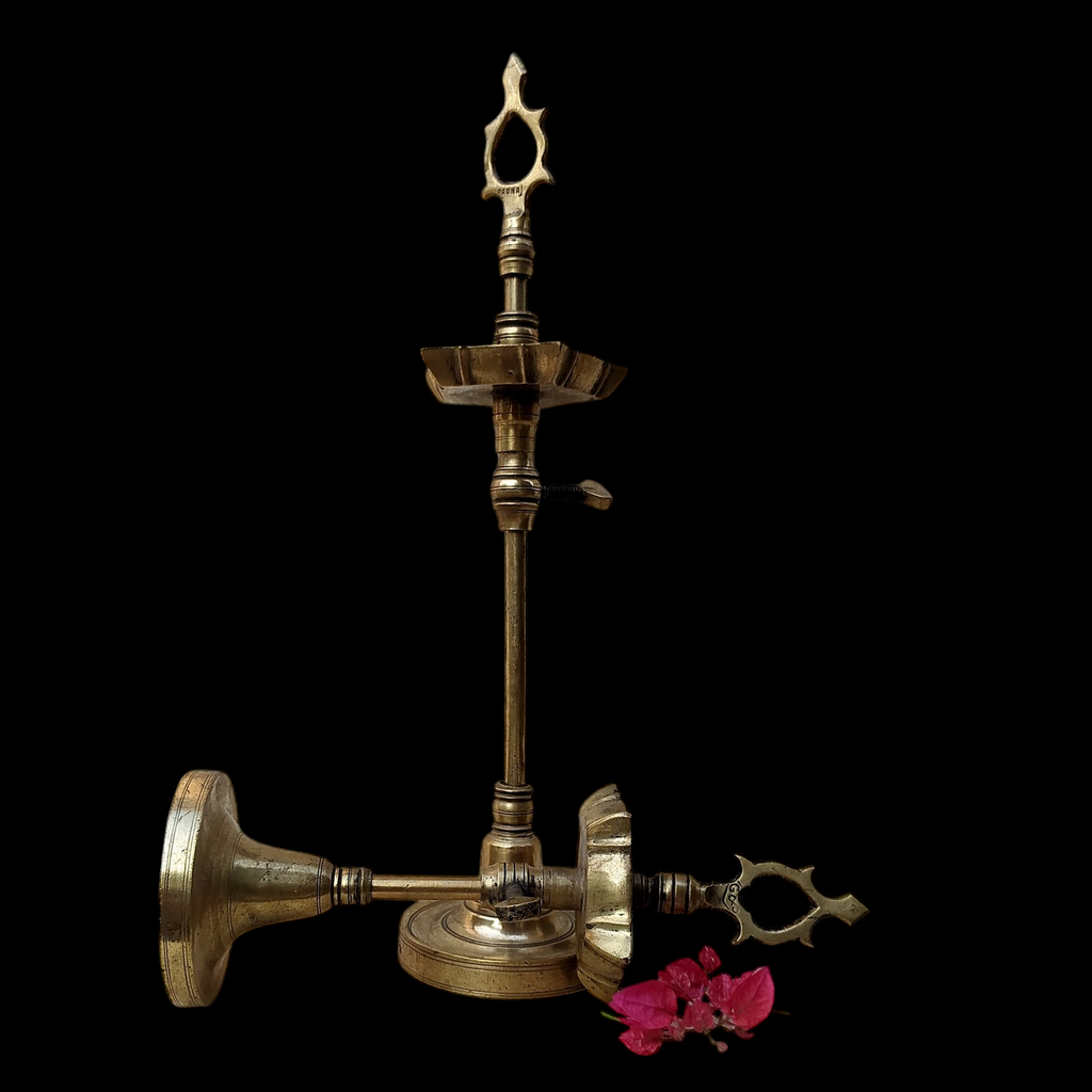 Pair Of Vintage Brass Chaavi Vilakkus | Oil Lamps. Height 33 & 23 cm