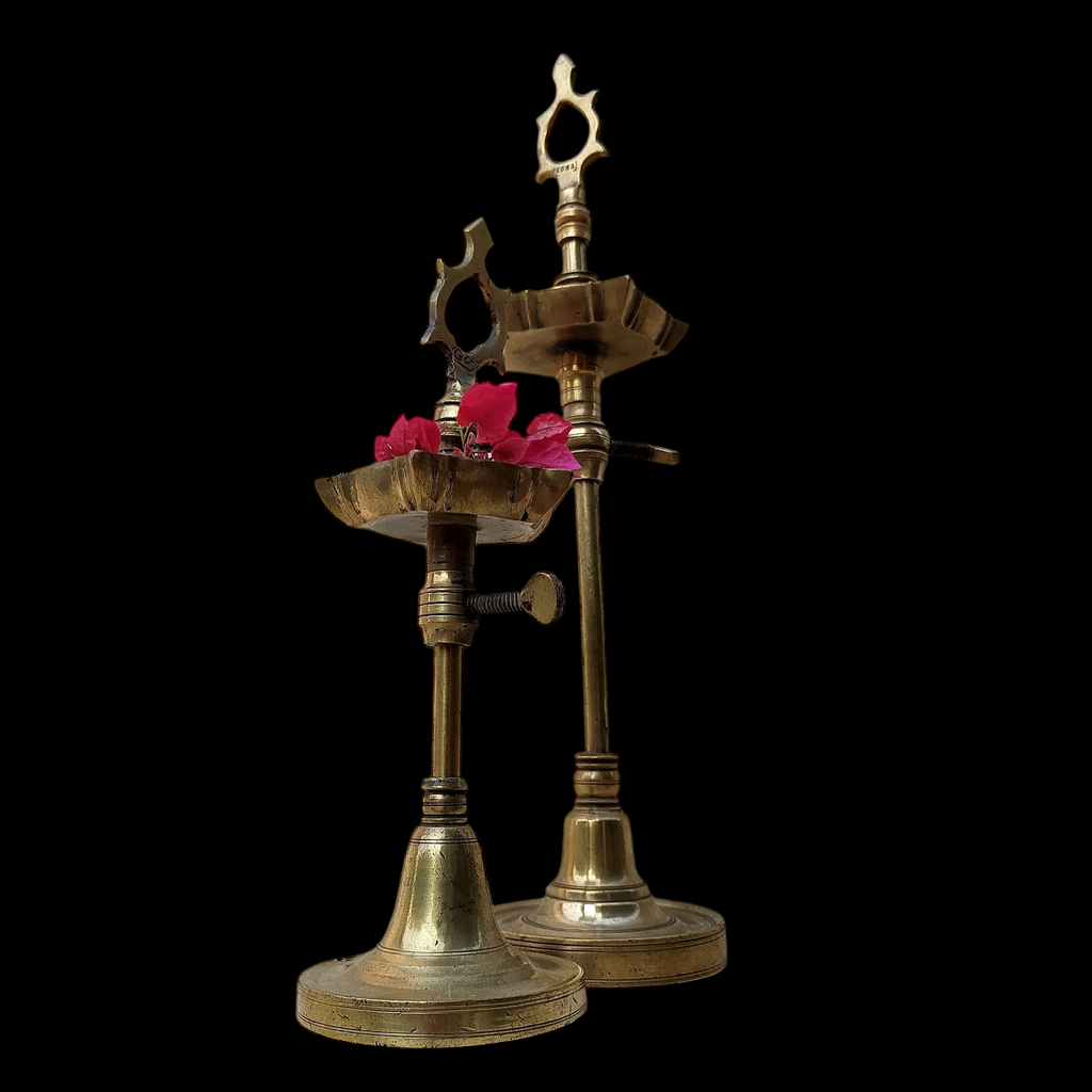 Pair Of Vintage Brass Chaavi Vilakkus | Oil Lamps. Height 33 & 23 cm