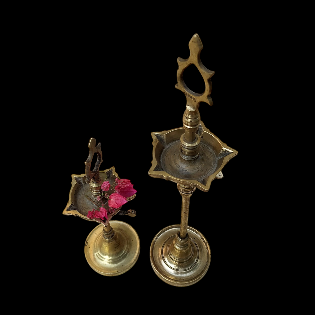 Pair Of Vintage Brass Chaavi Vilakkus | Oil Lamps. Height 33 & 23 cm