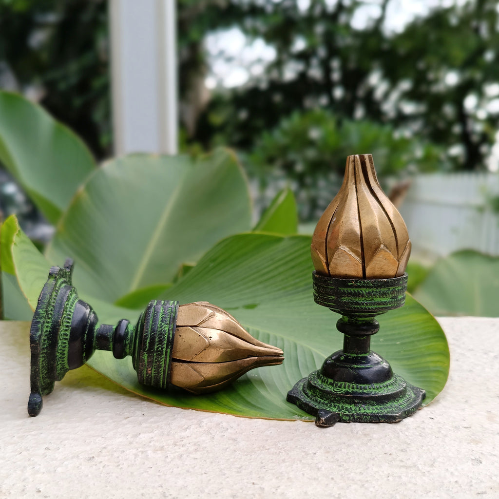 Exquisite Pair Of Vintage Brass Oil Lamps Made Of Sixteen Lotus Petals. Height 11 cm