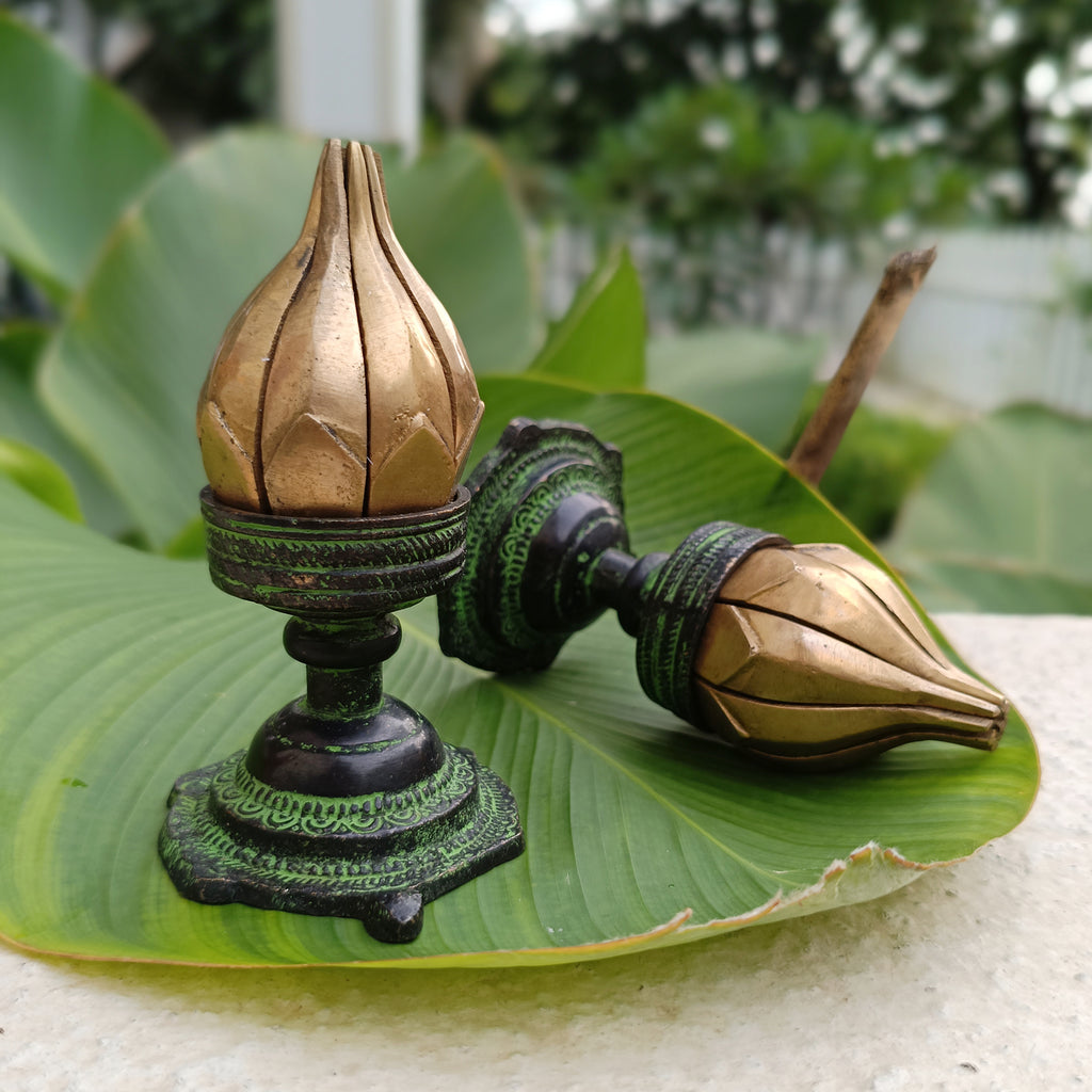 Exquisite Pair Of Vintage Brass Oil Lamps Made Of Sixteen Lotus Petals. Height 11 cm