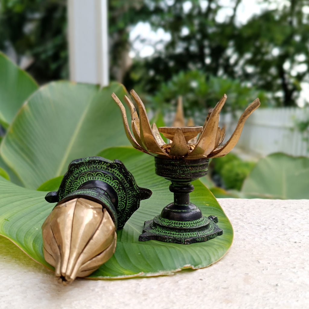 Exquisite Pair Of Vintage Brass Oil Lamps Made Of Sixteen Lotus Petals. Height 11 cm