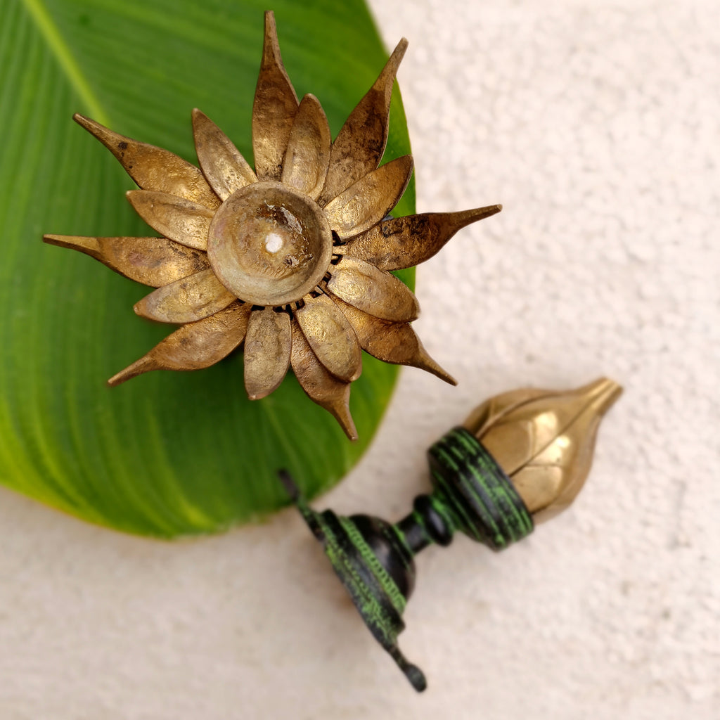 Exquisite Pair Of Vintage Brass Oil Lamps Made Of Sixteen Lotus Petals. Height 11 cm
