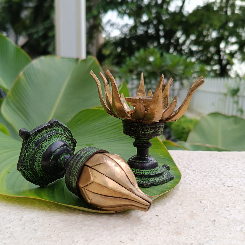 Exquisite Pair Of Vintage Brass Oil Lamps Made Of Sixteen Lotus Petals. Height 11 cm