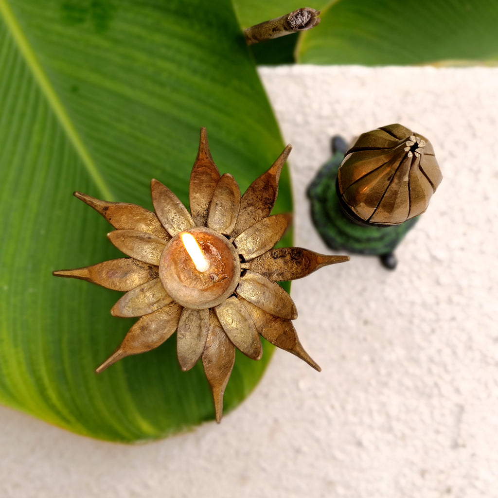 Exquisite Pair Of Vintage Brass Oil Lamps Made Of Sixteen Lotus Petals. Height 11 cm