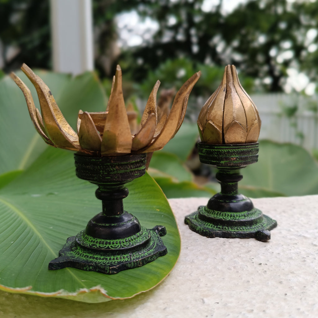 Exquisite Pair Of Vintage Brass Oil Lamps Made Of Sixteen Lotus Petals. Height 11 cm