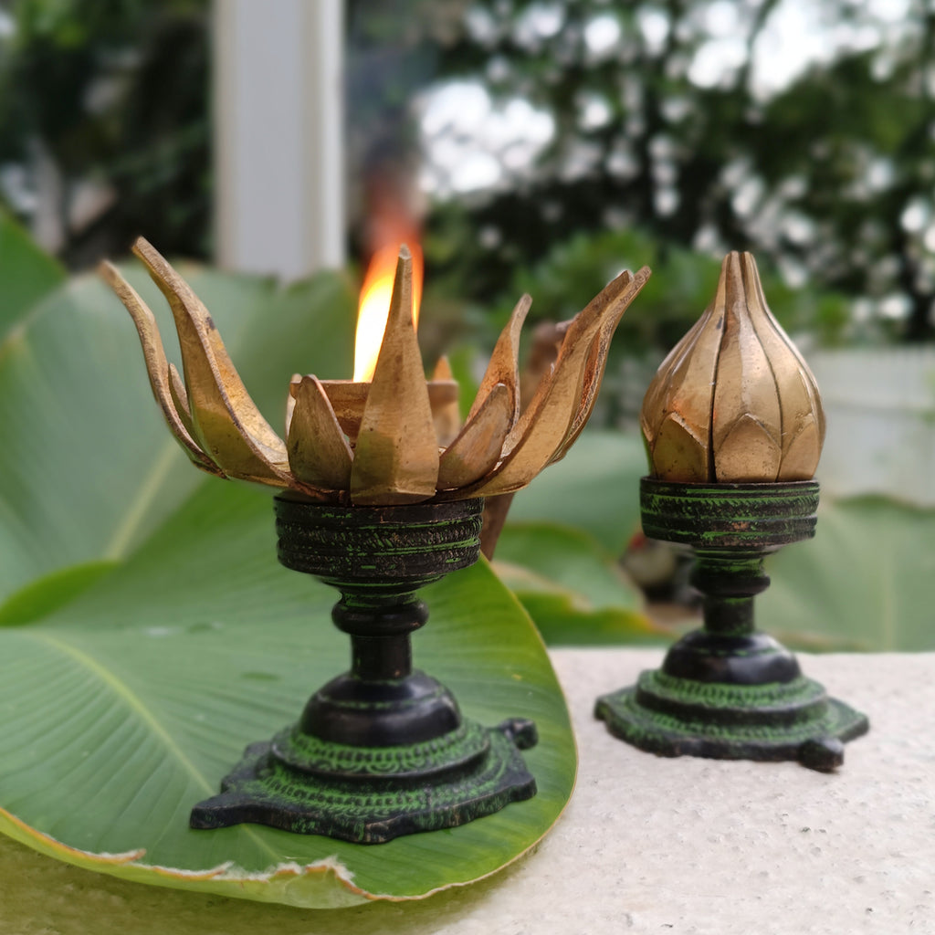 Exquisite Pair Of Vintage Brass Oil Lamps Made Of Sixteen Lotus Petals. Height 11 cm