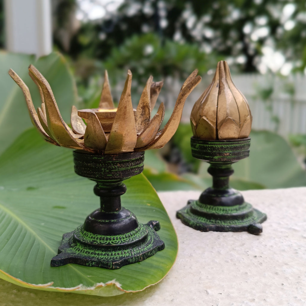 Exquisite Pair Of Vintage Brass Oil Lamps Made Of Sixteen Lotus Petals. Height 11 cm