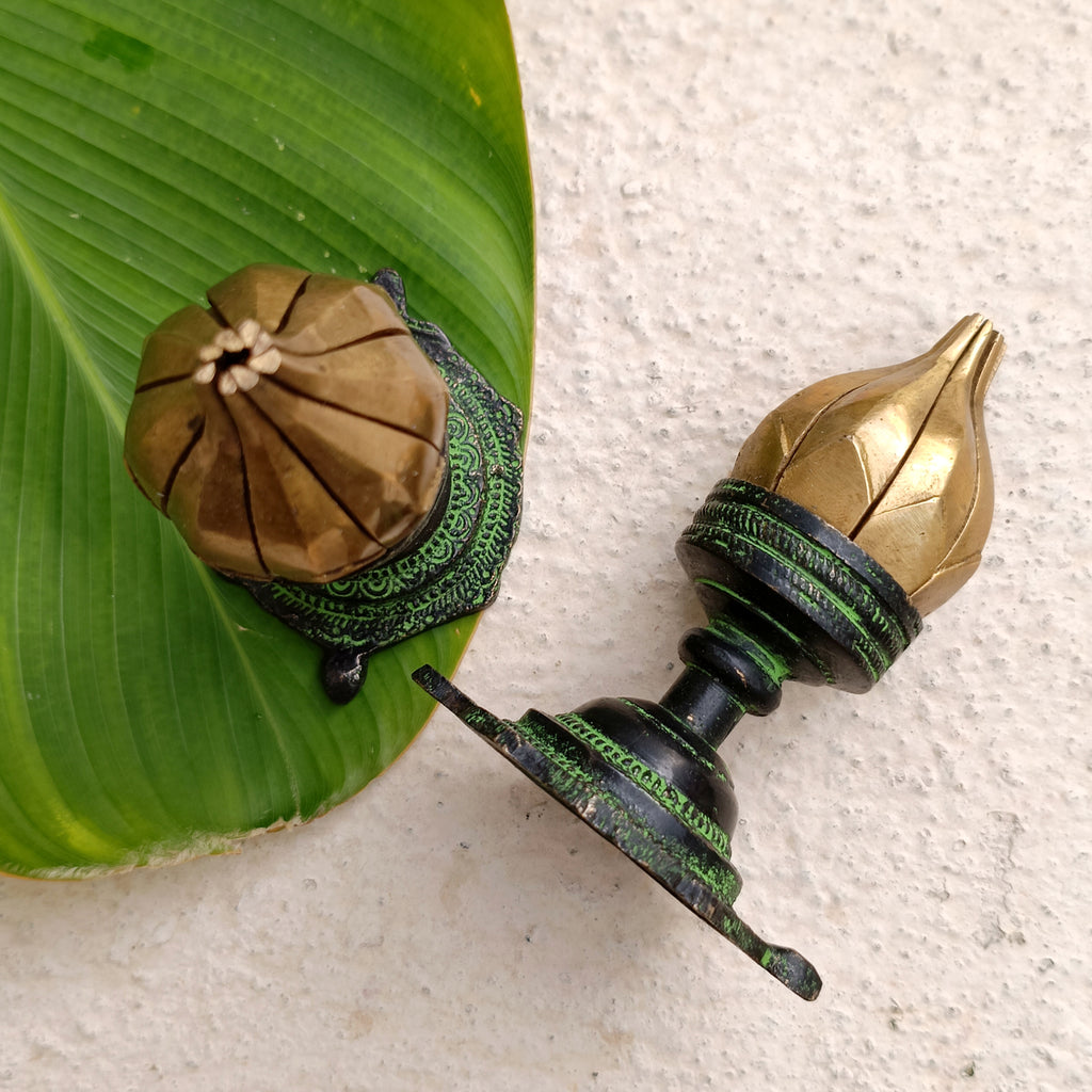 Exquisite Pair Of Vintage Brass Oil Lamps Made Of Sixteen Lotus Petals. Height 11 cm