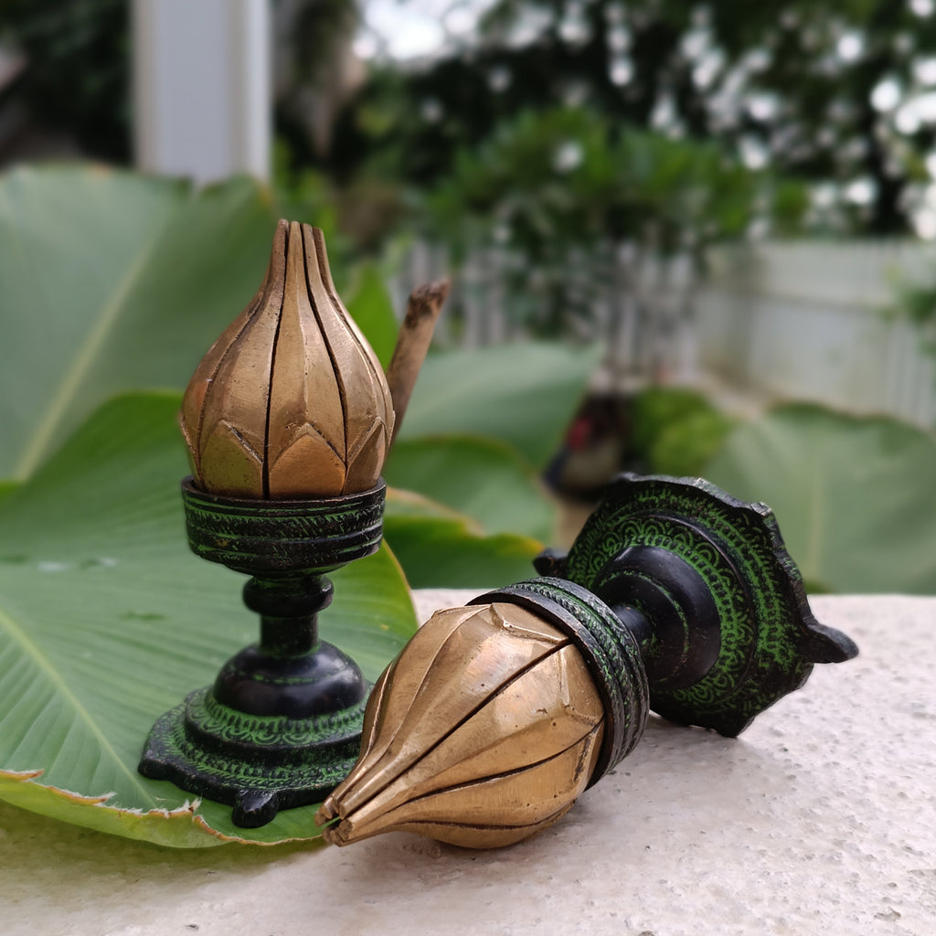 Exquisite Pair Of Vintage Brass Oil Lamps Made Of Sixteen Lotus Petals. Height 11 cm