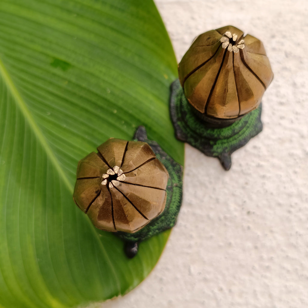 Exquisite Pair Of Vintage Brass Oil Lamps Made Of Sixteen Lotus Petals. Height 11 cm