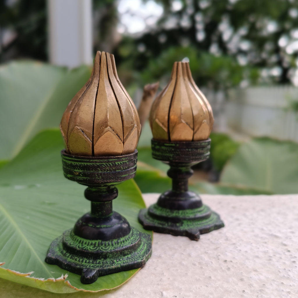 Exquisite Pair Of Vintage Brass Oil Lamps Made Of Sixteen Lotus Petals. Height 11 cm