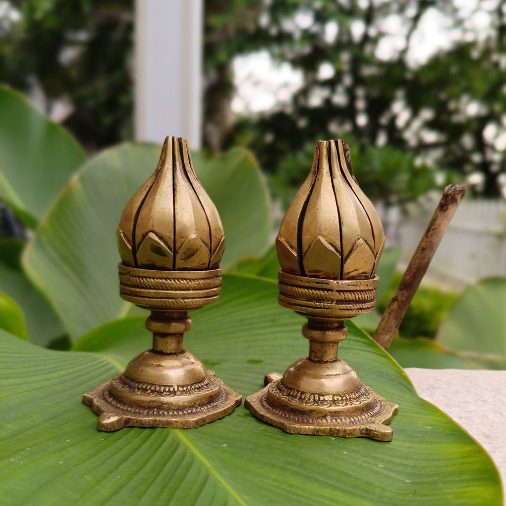Pair Of Vintage Brass Lotus Design Oil Lamps With 16 Petals. Height 11 cm
