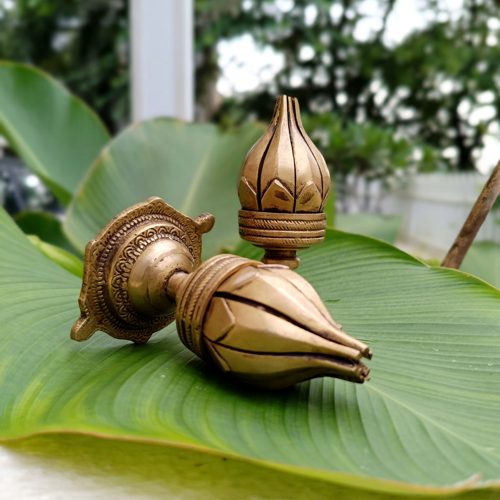 Pair Of Vintage Brass Lotus Design Oil Lamps With 16 Petals. Height 11 cm
